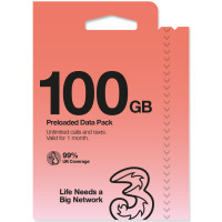 THREE MOBILE 100GB  PAYG VOICE & DATA SIM PACK - 100GB NEW 