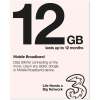 THREE 12GB PAY AS YOU GO DATA SIM CARD - UK/EU/USA