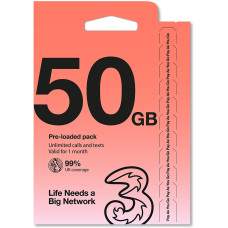 THREE MOBILE UK PAYG VOICE & DATA SIM PACK - 50GB